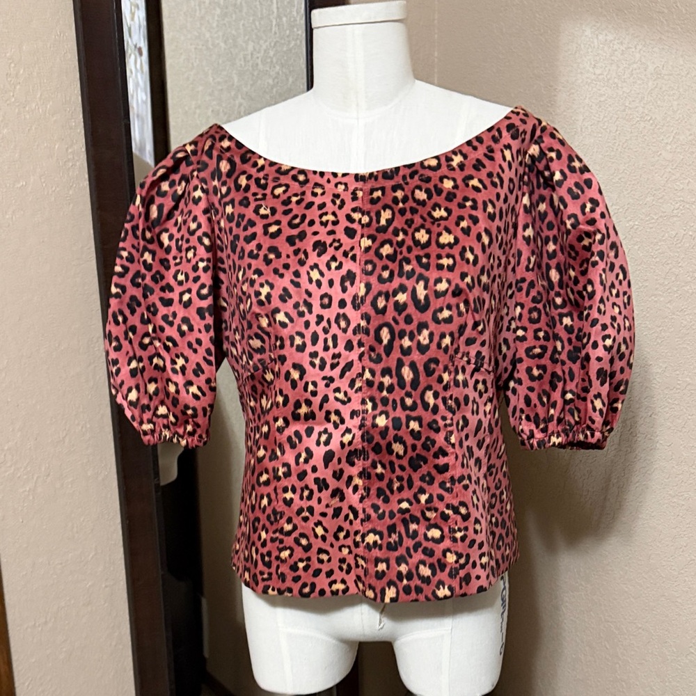 Rebecca Taylor Leopard Print Puff Sleeve Top - 12